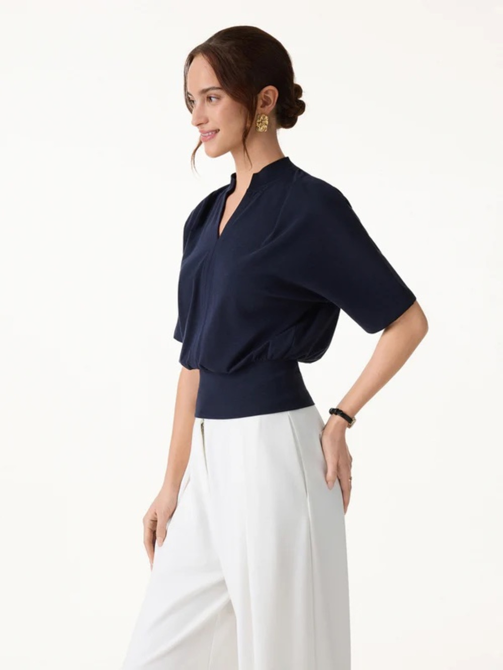 NWT OGL Stand Collar V-Neck Short Sleeve Top IN NAVY - Picture 2 of 5
